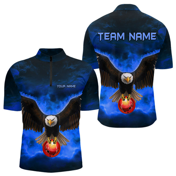 Maxcorners Personalized Blue Flame Eagle Custom Bowling Team Shirts For Mens, Fire Eagle Bowling League Jersey