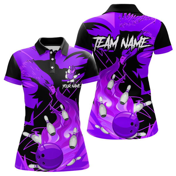 Maxcorners Eagle Flame Bowling Ball And Pins Custom Mens Bowling Shirts, Team Bowling Jerseys | Purple