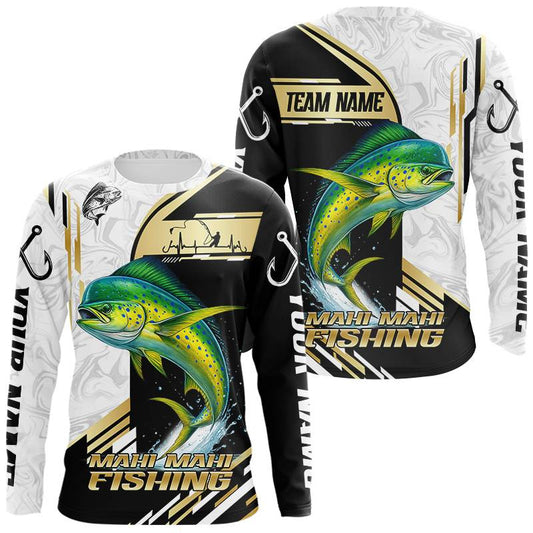 Maxcorners Personalized Mahi Mahi fishing shirts Custom sun protection Dorado fishing team jerseys | Gold LM2602