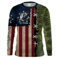 Maxcorners Bass Fishing American Flag patriotic Customize Name long sleeves fishing shirt for men LM0201