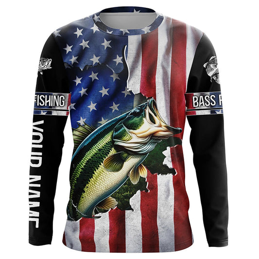 Maxcorners Largemouth Bass fishing American Flag Patriotic Customize name fishing long sleeve shirts LM0501