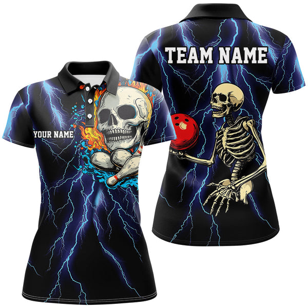 Maxcorners Blue lightning thunder storm skull flame Bowling Shirts Custom Bowling Team Bowler Jerseys