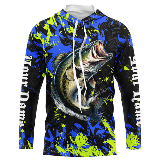 Maxcorners Personalized Largemouth Bass fishing green blue camo long sleeve Fishing Shirts LM0201