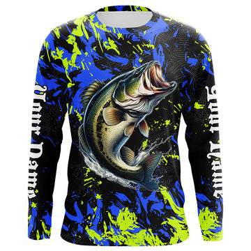 Maxcorners Personalized Largemouth Bass fishing green blue camo long sleeve Fishing Shirts LM0201