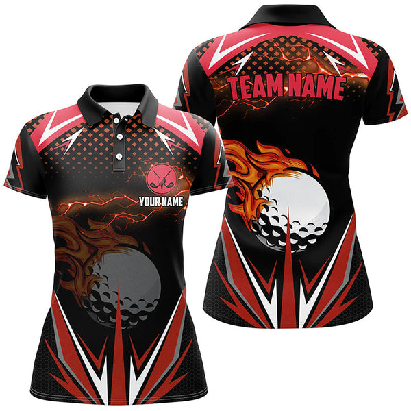 Maxcorners Black Women Golf Polo Shirt Custom Red Fire Lightning Team Golf Jerseys