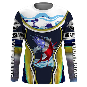 Maxcorners Tuna fishing American flag patriotic tuna scales Custom Name Long sleeve, Long Sleeve Hooded LM0501