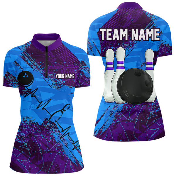 Maxcorners Blue and Purple Grunge Camo Heartbeat Bowling Polo, 1/4 Zip Shirt For Men Custom Bowling Team JerseyMT0306