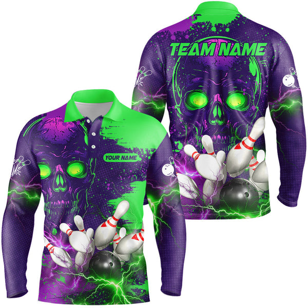 Maxcorners Purple and Green Lightning Thunder Storm Skull Bowling Shirts Custom Bowling Team Jerseys