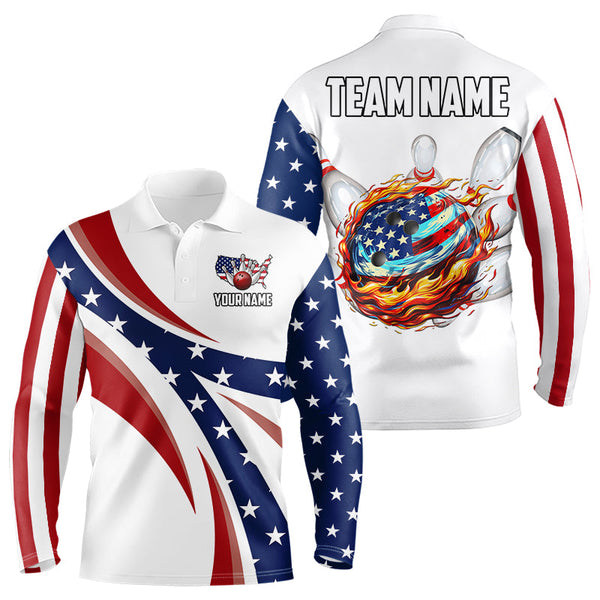 Maxcorners American Flag Flame Bowling Ball Pins Bowling Shirts Personalized Patriotic Bowling Team Shirts