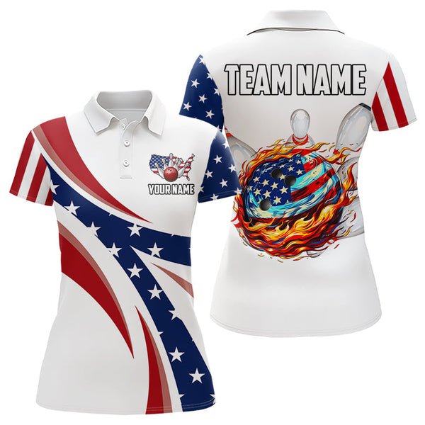 Maxcorners American Flag Flame Bowling Ball Pins Bowling Shirts Personalized Patriotic Bowling Team Shirts