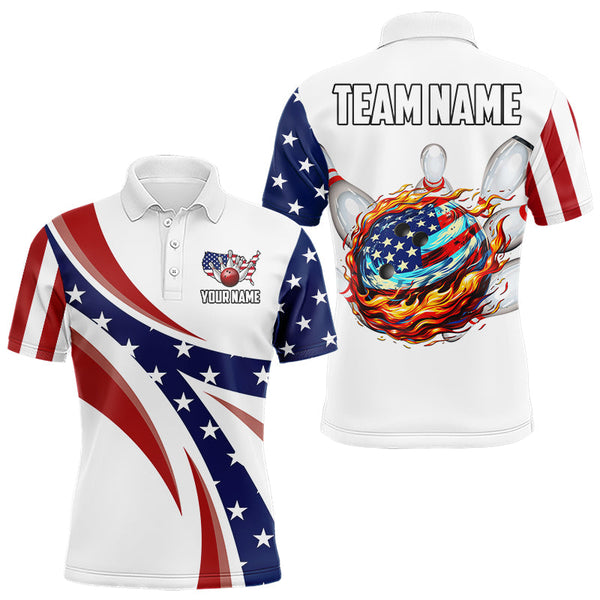 Maxcorners American Flag Flame Bowling Ball Pins Bowling Shirts Personalized Patriotic Bowling Team Shirts