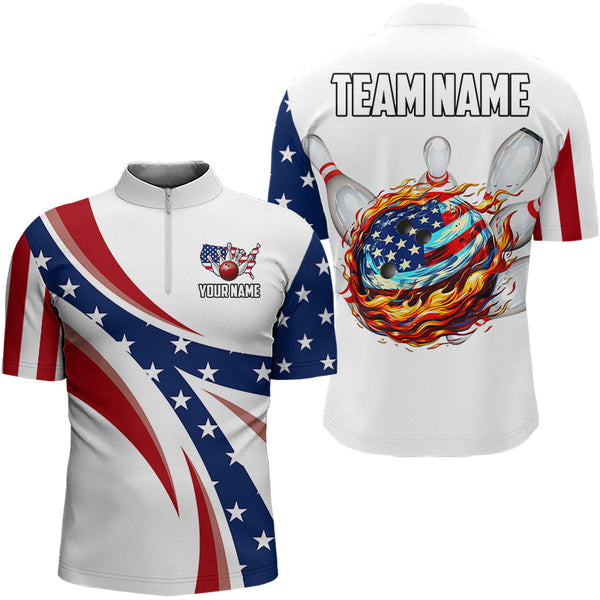 Maxcorners American Flag Flame Bowling Ball Pins Bowling Shirts Personalized Patriotic Bowling Team Shirts