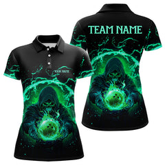 Maxcorners Black And Green Flame Skull Bowling Polo, Quarter Zip Shirt For Men Custom Skull Bowling Team Jerseys