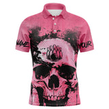 Maxcorners Pink Skull Bowling Polo, Quarter Zip Shirts For Men Custom Skull Bowling Team Shirts Uniform