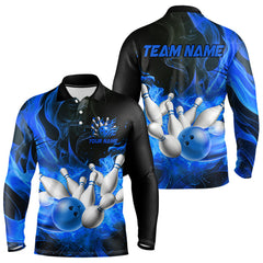Maxcorners Black And Blue Flame Custom Bowling Shirts For Men, Flame Bowling League Shirts Outfits