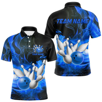Maxcorners Black And Blue Flame Custom Bowling Shirts For Men, Flame Bowling League Shirts Outfits