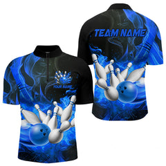 Maxcorners Black And Blue Flame Custom Bowling Shirts For Men, Flame Bowling League Shirts Outfits