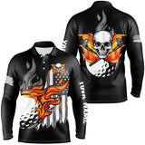 Maxcorners Black and white American flag flame skull Men golf polo shirts custom patriotic men's golf clothing