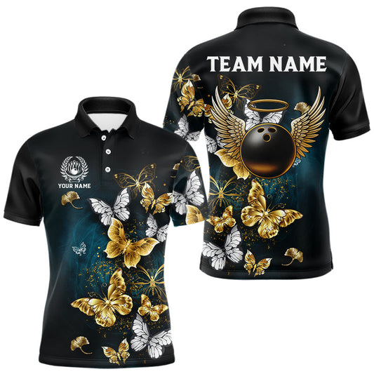 Maxcorners Custom Gold Butterflies Bowling Shirts For Men, Personalized Team Bowling Polo & Quarter-Zip Shirts LM1903