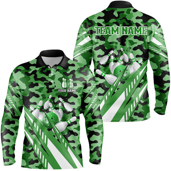 Maxcorners Custom Green Camo Bowling Shirts, Personalized Bowling Team Jerseys