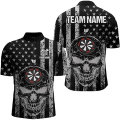 Maxcorners Black And White American Flag Skull Dart Polo Shirt Custom Patriotic Dart Shirt