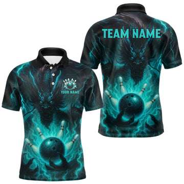 Maxcorners Personalized Black and Turquoise Flame Lightning Dragon Bowling Shirts For Men, Team Bowling Jerseys LM2711