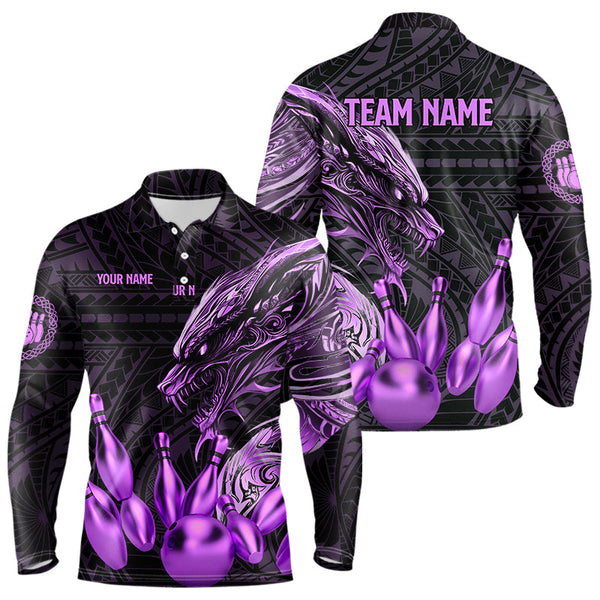 Maxcorners Black And Purple Dragon Tribal Bowling Polo, 1/4 Zip Shirts For Men & Women Custom Retro Bowling Team Jerseys