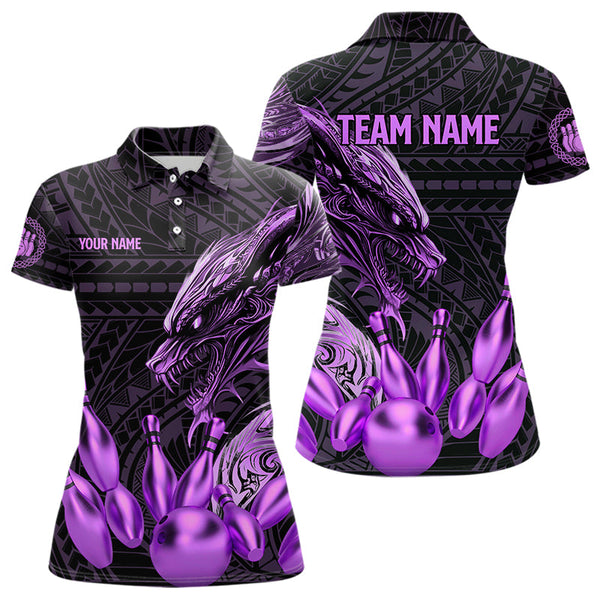 Maxcorners Black And Purple Dragon Tribal Bowling Polo, 1/4 Zip Shirts For Men & Women Custom Retro Bowling Team Jerseys