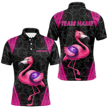 Maxcorners Funny Pink Flamingo Black Bowling Camo Bowling Shirts for Men Custom Flamingo Team bowling outfit LM0503