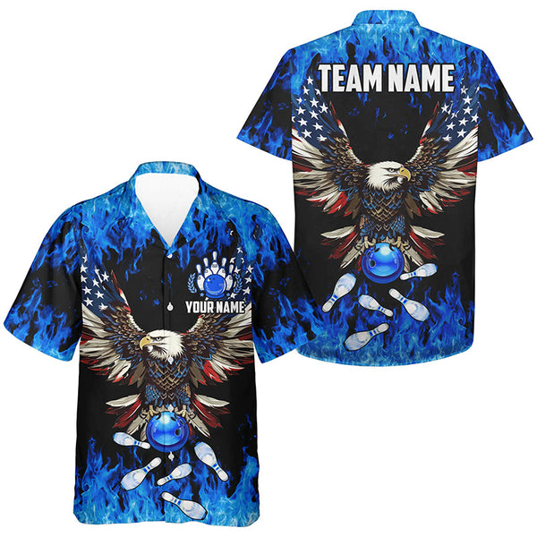 MaxCorners Bowling And Pins Blue Flame American Flag Eagle Customized Name, Team Name 3D Hawaiian Shirt