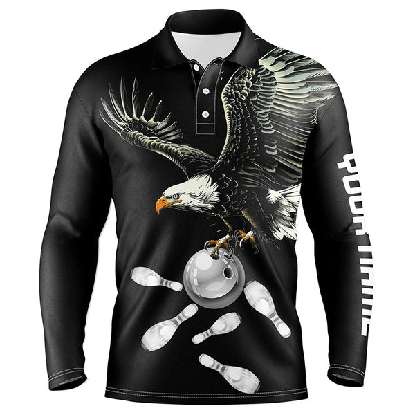 Maxcorners Black And White Mens Bowling Polo Shirts Custom Eagle Team Bowling Shirts, Gift For Bowlers