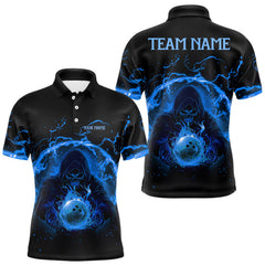 Maxcorners Mens bowling polo, 1/4 zip shirts Custom blue flame skull bowling team jerseys, gift for Bowlers LM0706