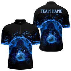 Maxcorners Mens bowling polo, 1/4 zip shirts Custom blue flame skull bowling team jerseys, gift for Bowlers LM0706