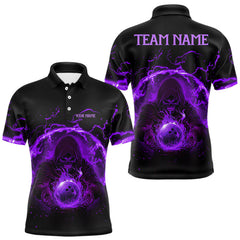 Maxcorners Mens bowling polo, 1/4 zip shirts Custom purple flame skull bowling team jerseys, gift for Bowlers LM0706