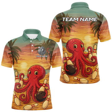 Maxcorners Funny Octopus Bowling Polo, Quarter Zip shirts for Men Custom Octopus Team bowling jersey LM1903