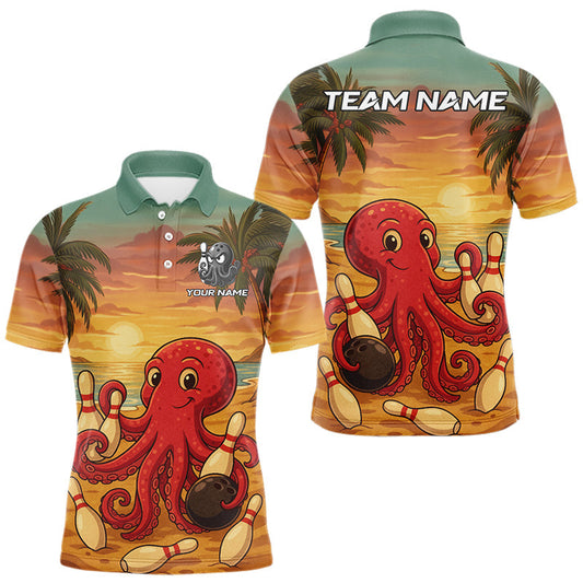 Maxcorners Funny Octopus Bowling Polo, Quarter Zip shirts for Men Custom Octopus Team bowling jersey LM1903