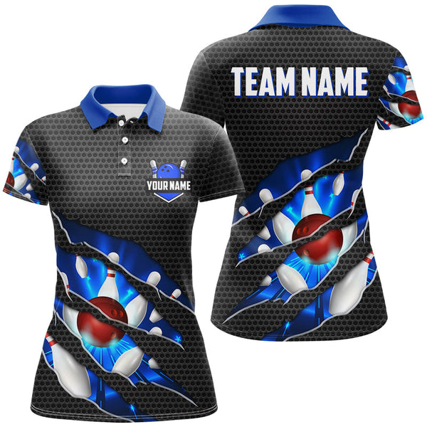 Maxcorners Black and Blue Scratch Bowling Polo, Quarter Zip Shirt Custom name Team Bowling Jerseys