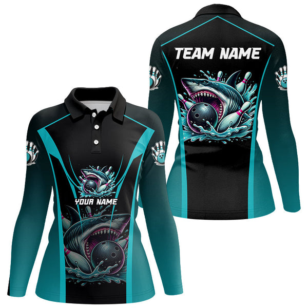 Maxcorners Cyan Blue Shark Bowling Team Women bowling shirts Custom Team Bowling League Jerseys, Uniform Outfits