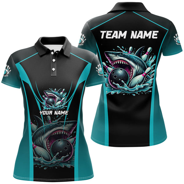 Maxcorners Cyan Blue Shark Bowling Team Women bowling shirts Custom Team Bowling League Jerseys, Uniform Outfits