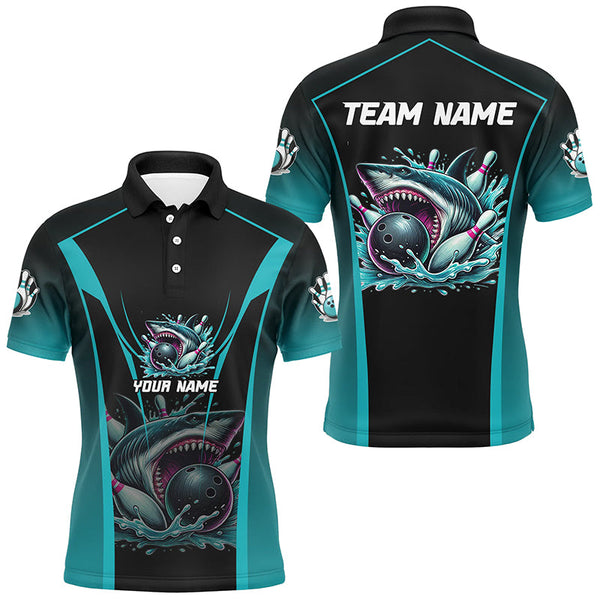 Maxcorners Cyan Blue Shark Bowling Team Men bowling shirts Custom Team Bowling League Jerseys, Uniform Outfits