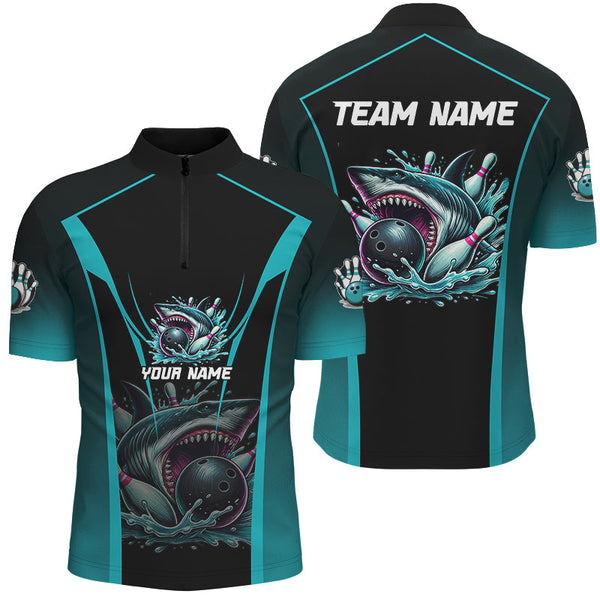 Maxcorners Cyan Blue Shark Bowling Team Men bowling shirts Custom Team Bowling League Jerseys, Uniform Outfits