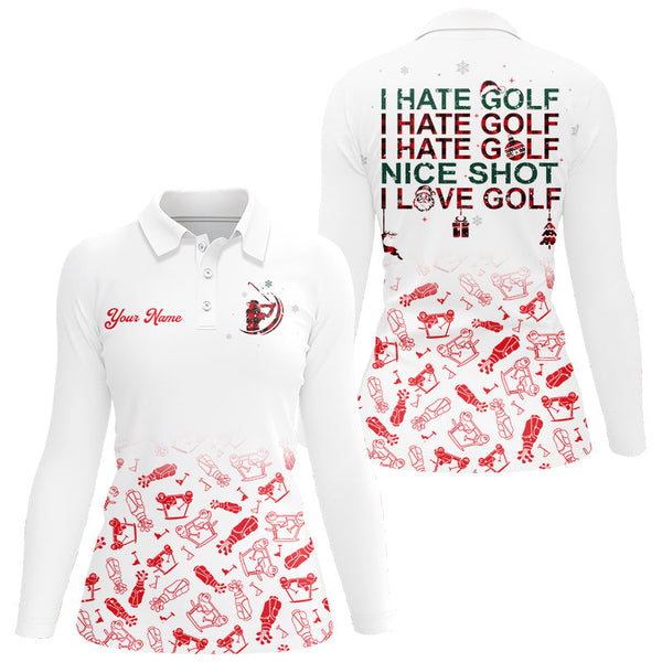 Maxcorners Funny Women golf polo shirt I hate golf nice shot I love golf custom name Christmas pattern golf shirt