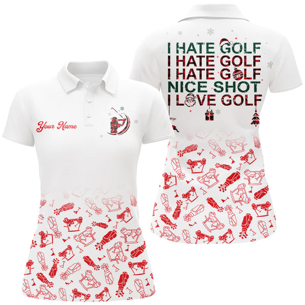 Maxcorners Funny Women golf polo shirt I hate golf nice shot I love golf custom name Christmas pattern golf shirt