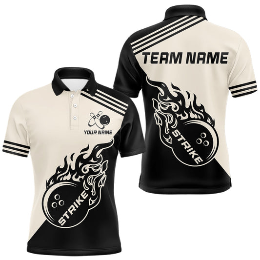 Maxcorners Custom Retro Beige and Black Flame Bowling Shirts For Men, Vintage Team Bowling League jerseys