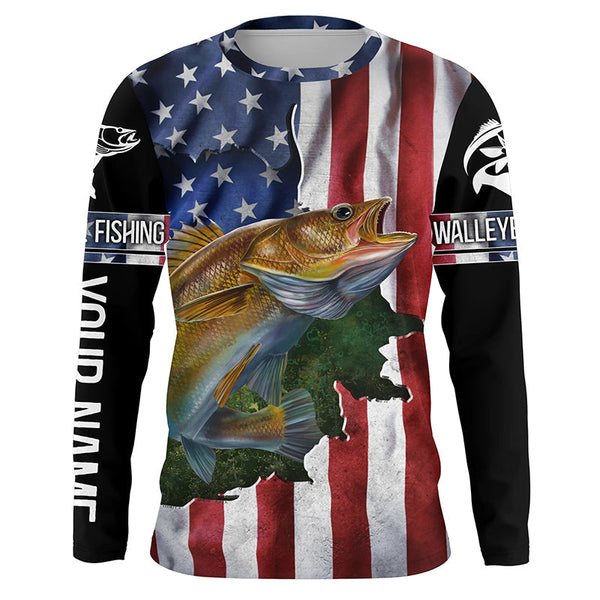 MaxCorners Walleye Fishing American Flag Patriotic Fourth Of July Customized Name 3D Long Sleeve Shirt