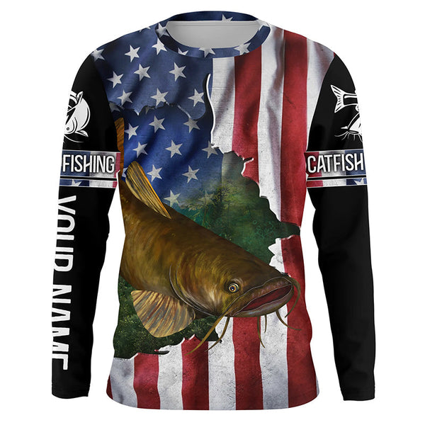 MaxCorners Flathead Catfish Fishing American Flag Patriotic Customized Name 3D Long Sleeve Shirt