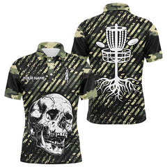 Maxcorners Green camo Mens disc golf polo shirts custom skull team disc golf basket jerseys, disc golf outfit MT0510
