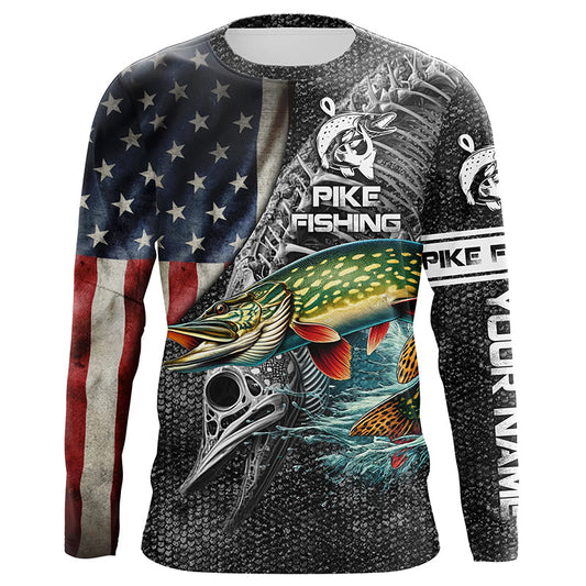 Maxcorners Northern Pike Fishing American Flag patriotic Customize name Long Sleeve Fishing Shirts LM0501
