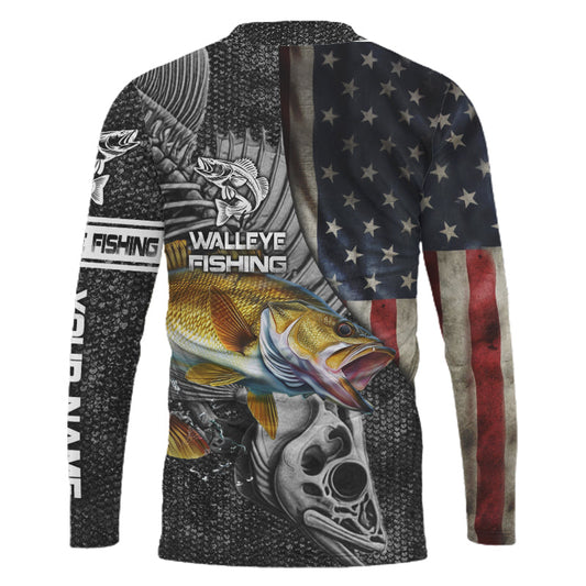 Maxcorners Walleye Fishing American Flag patriotic fish skull Custom name long sleeves fishing shirt LM0501