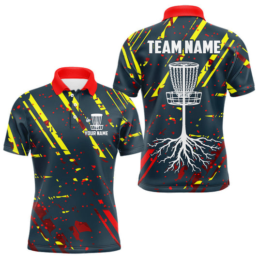 Maxcorners Blue, yellow and red background Mens Disc golf polo shirts Custom name disc golf clothing for team LM1506